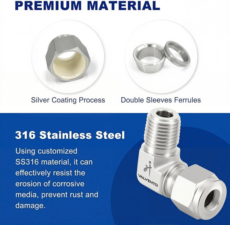 VALVENTO 316 Stainless Steel 90 Degree Compression Tube Fitting 1/4" OD x 1/4" NPT Male Adapter Connector with Double Ferrules for Oil, Chemical, and Natural Gas Connections, 1 PC - Image 2